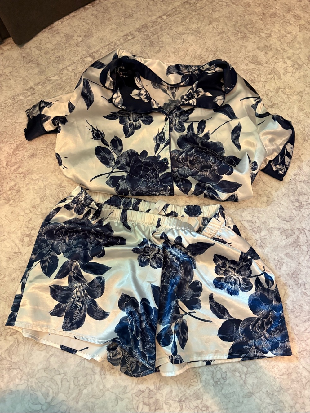 Floral Satin Short Pajama Set in Navy and Ivory